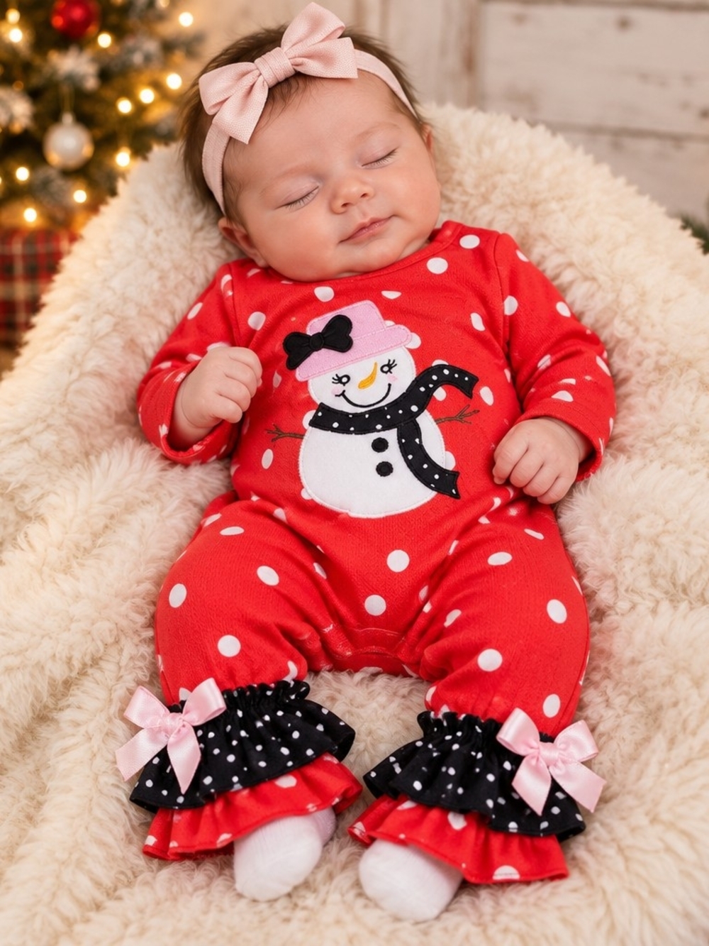 Red Polka Dot Snowman Baby Girl One-Piece Romper Sz 0/3 Months